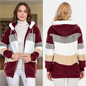 Everleigh Color Block Sherpa Hoodie - Burgundy